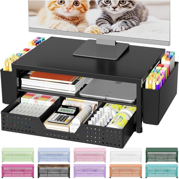 Desk Organizers and Accessories, Computer Monitor Stand Riser with Drawer and 2 Pen Holders, Laptop Stand, Office Desk Accessories & Workspace Organizers for Home Office Supplies, Black