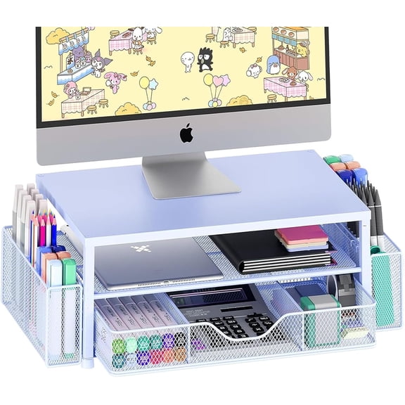 Desk Organizers and Accessories, Computer Monitor Stand Riser with Drawer and 2 Pen Holders, Printer & Laptop Stand, Office Desk Accessories & Workspace Organizers for Home Office Supplies, Blue