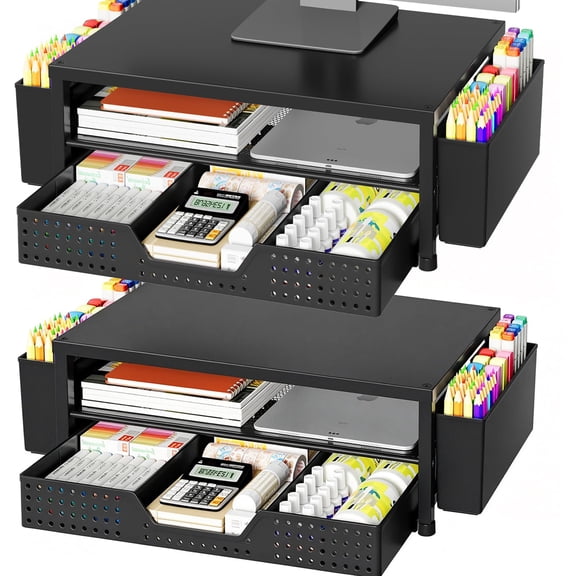 Desk Organizers and Accessories, Computer Monitor Stand Riser with Drawer and 2 Pen Holders, Printer & Laptop Stand, Office Desk Accessories & Workspace Organizers for Home Office Supplies, Black
