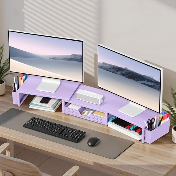Desk Organizers and Accessories, Dual Computer Monitor Stand Riser with Drawer and 2 Pen Holders, Office Desk Accessories, Workspace Desktop Organization for Office Supplies (Purple Metal )