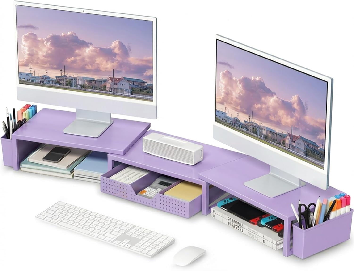 Desk Organizers and Accessories, Dual Computer Monitor Stand Riser with Drawer and 2 Pen Holders, Office Desk Accessories, Workspace Desktop Organization for Office Supplies (Purple Metal )