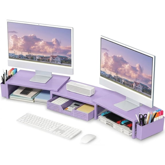 Desk Organizers and Accessories, Dual Computer Monitor Stand Riser with Drawer and 2 Pen Holders, Office Desk Accessories, Workspace Desktop Organization for Office Supplies (Purple Metal )