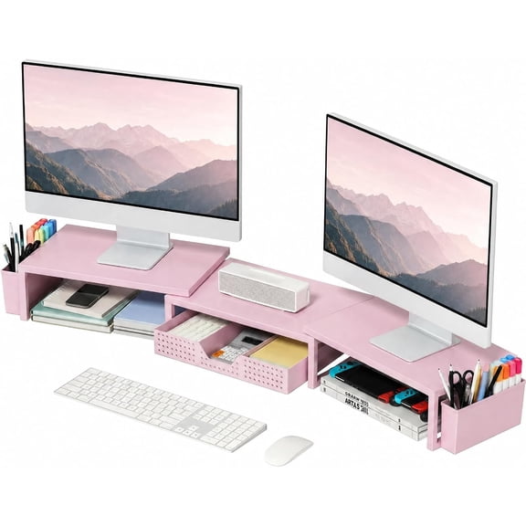 Desk Organizers and Accessories, Dual Monitor Stand Riser with Drawer and 2 Pen Holders, Desk Shelf Computer Racks for Office Workspace Organizers, Desktop Organization (Pink)