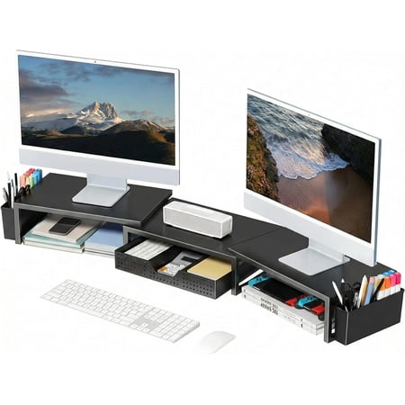Desk Organizers and Accessories, Dual Monitor Stand Riser with Drawer and 2 Pen Holders, Desk Shelf Computer Racks for Office Workspace Organizers, Desktop Organization (Black)