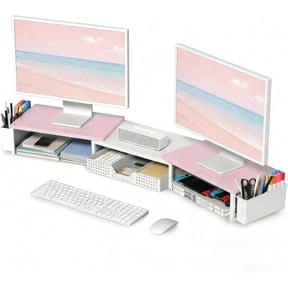 Desk Organizers and Accessories, Dual Monitor Stand Riser with Drawer and 2 Pen Holders, Desk Shelf Computer Racks for Office Workspace Organizers, Desktop Organization (Pink-White)
