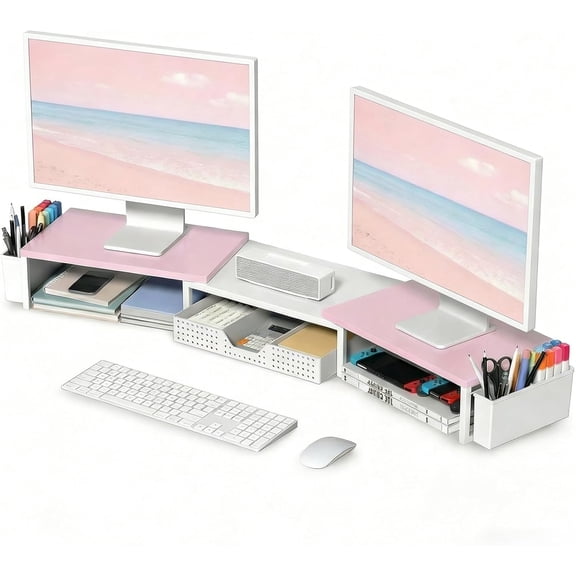 Desk Organizers and Accessories, Dual Monitor Stand Riser with Drawer and 2 Pen Holders, Desk Shelf Computer Racks for Office Workspace Organizers, Desktop Organization (Pink-White)