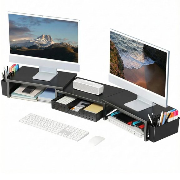 Desk Organizers and Accessories, Dual Monitor Stand Riser with Drawer and 2 Pen Holders, Desk Shelf Computer Racks & Printer Stand for Office Workspace Organizers, Desktop Organization
