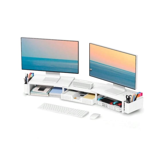 Desk Organizers And Accessories, Dual Monitor Stand Riser With Drawer And 2 Pen Holders, Desk Shelf Metal Computer Monitor Stand For Office Workspace Organizers, Desktop Organization Black