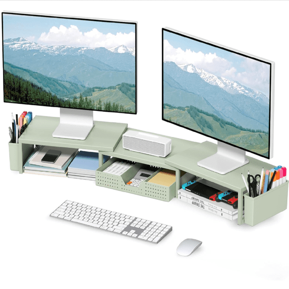 Desk Organizers and Accessories, Dual Monitor Stand Riser with Drawer and 2 Pen Holders, Desk Shelf Metal Computer Monitor Stand for Office Workspace Organizers, Desktop Organization (Green)