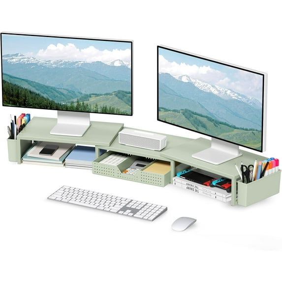 Desk Organizers and Accessories, Dual Monitor Stand Riser with Drawer and 2 Pen Holders, Desk Shelf Metal Computer Racks for Office Workspace Organizers, Desktop Organization (Black)