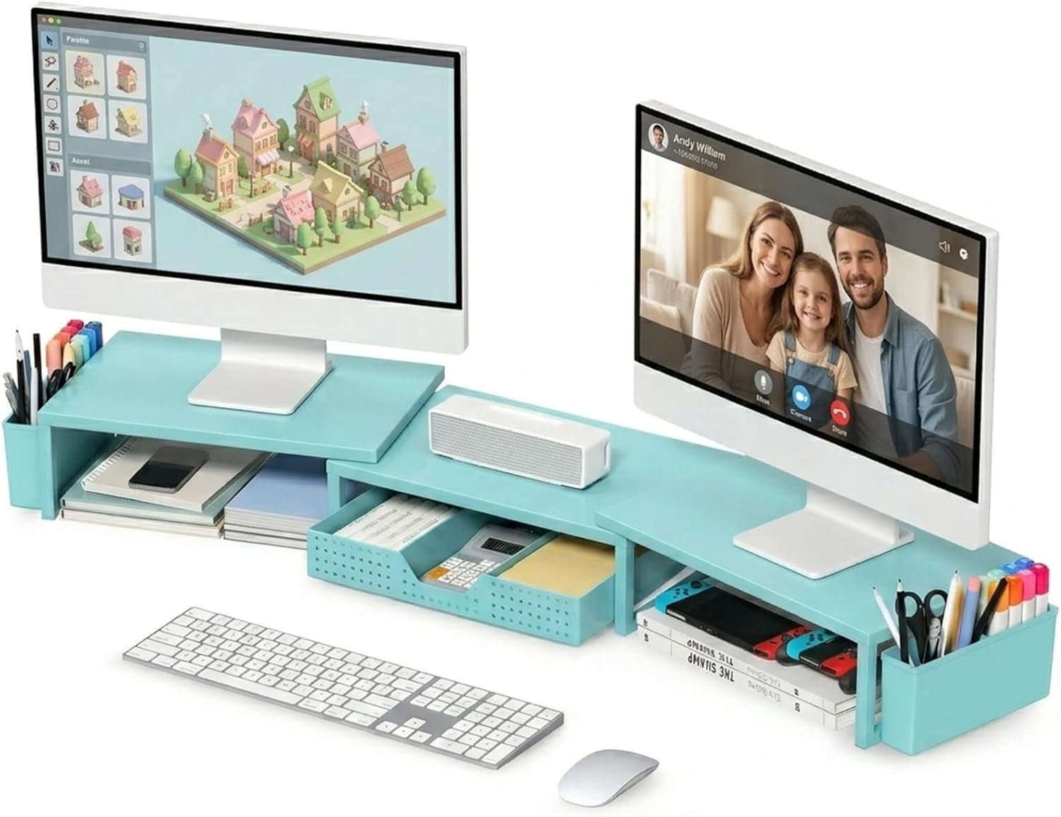 Desk Organizers and Accessories, Dual Monitor Stand Riser with Drawer and 2 Pen Holders, Desk Shelf Metal Computer Monitor Stand for Office Workspace Organizers, Desktop Organization (Blue Metal)