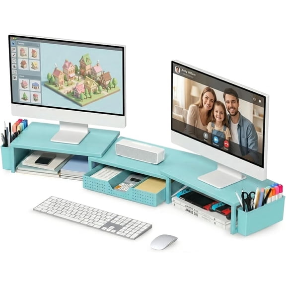 Desk Organizers and Accessories, Dual Monitor Stand Riser with Drawer and 2 Pen Holders, Desk Shelf Metal Computer Monitor Stand for Office Workspace Organizers, Desktop Organization (Blue Metal)