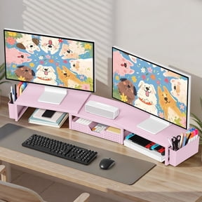 Desk Organizers and Accessories, Dual Monitor Stand Riser with Drawer and 2 Pen Holders, Desk Shelf Metal Computer Racks for Office Workspace Organizers, Desktop Organization (Pink Metal)
