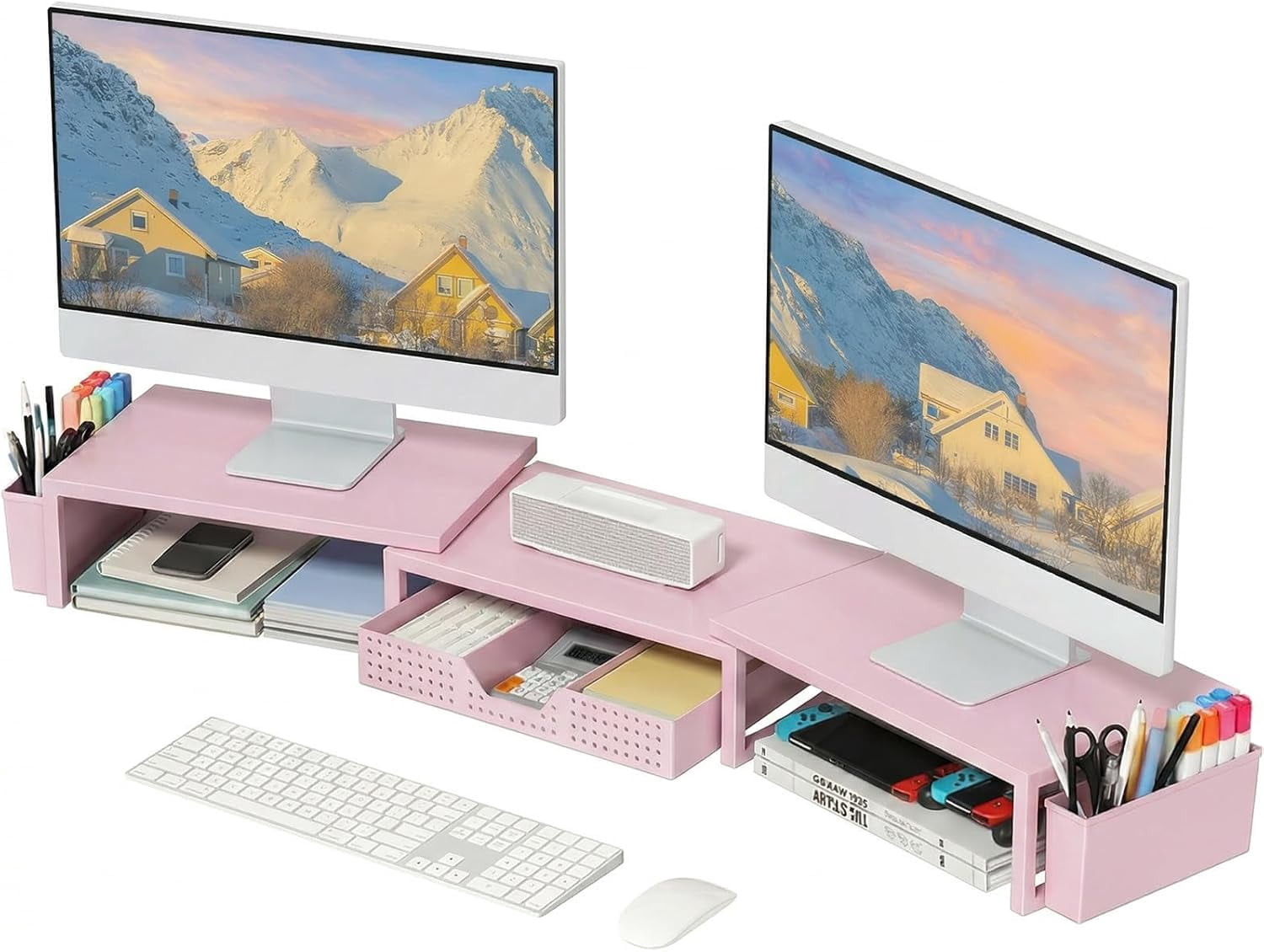 Desk Organizers and Accessories, Dual Monitor Stand Riser with Drawer and 2 Pen Holders, Desk Shelf Metal Computer Racks for Office Workspace Organizers, Desktop Organization (Pink Metal)