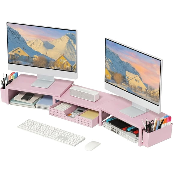 Desk Organizers and Accessories, Dual Monitor Stand Riser with Drawer and 2 Pen Holders, Desk Shelf Metal Computer Racks for Office Workspace Organizers, Desktop Organization (Pink Metal)