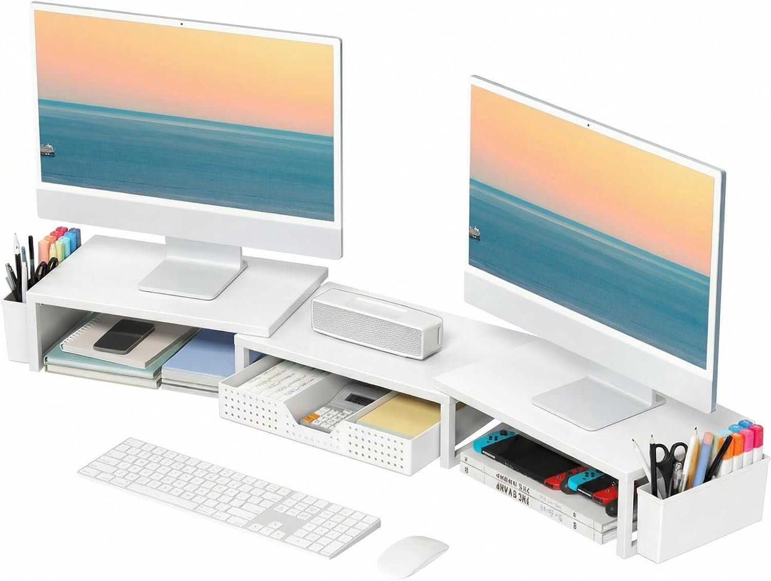 Desk Organizers and Accessories, Dual Monitor Stand Riser with Drawer and 2 Pen Holders, Desk Shelf Metal Computer Racks for Office Workspace Organizers, Desktop Organization (White Metal)