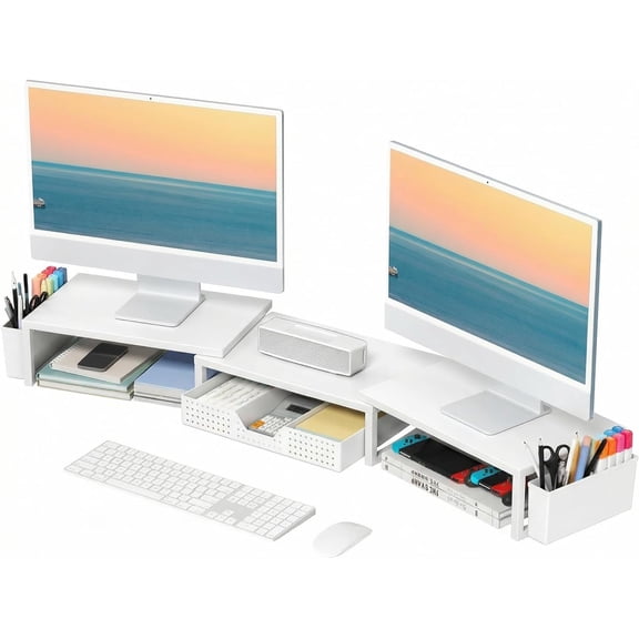 Desk Organizers and Accessories, Dual Monitor Stand Riser with Drawer and 2 Pen Holders, Desk Shelf Metal Computer Racks for Office Workspace Organizers, Desktop Organization (White Metal)