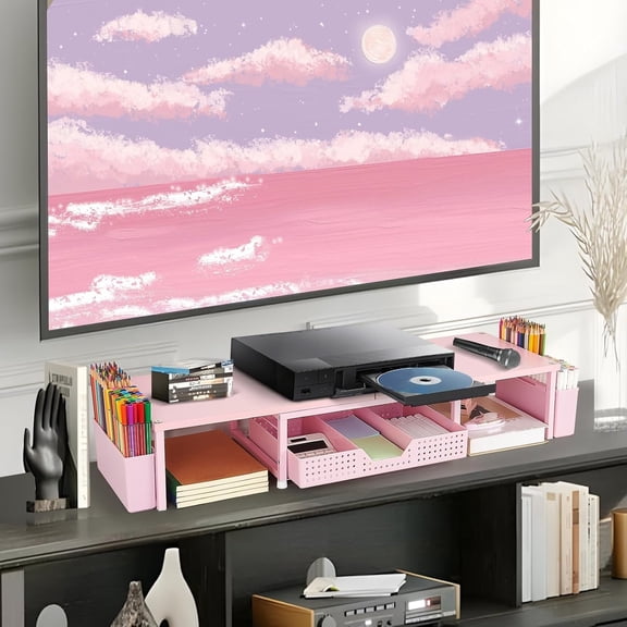 Desk Organizers and Accessories, Dual Monitor Stand Riser with Drawer and 2 Pen Holders, Desk Shelf Wood Computer Racks for Office Workspace Organizers, Desktop Organization (Pink Wood)