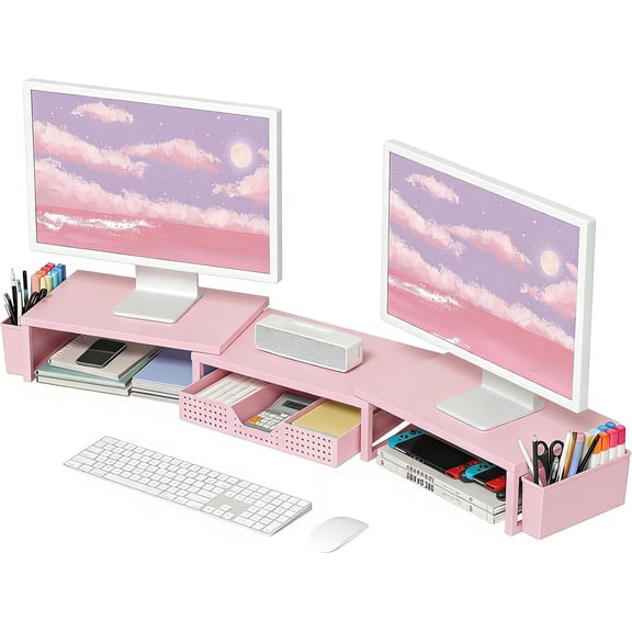 Desk Organizers and Accessories, Dual Monitor Stand Riser with Drawer and 2 Pen Holders, Desk Shelf Wood Computer Racks for Office Workspace Organizers, Desktop Organization (Pink Wood)