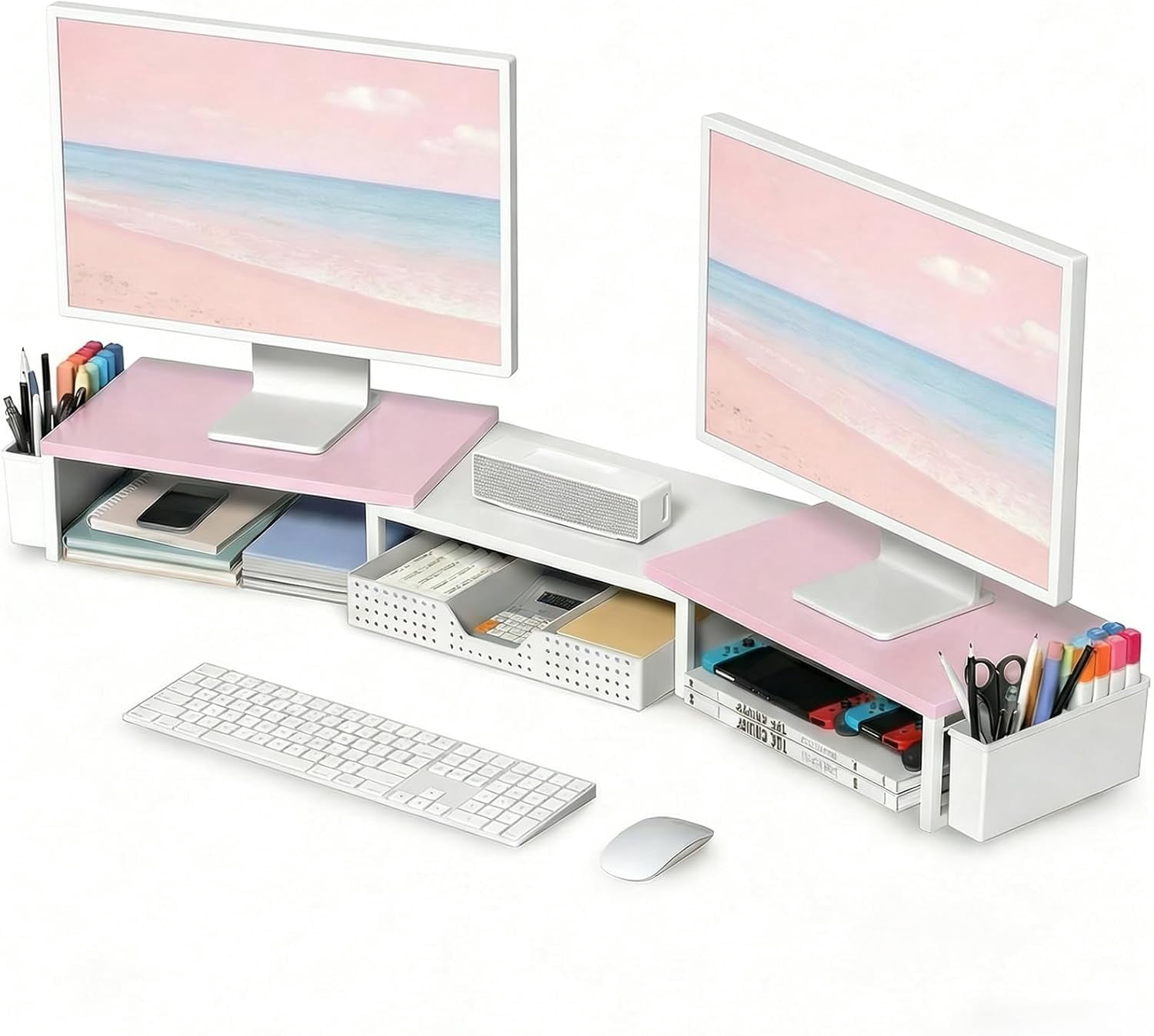 Desk Organizers and Accessories, Dual Monitor Stand Riser with Drawer and 2 Pen Holders, Desk Shelf Wood Computer Racks for Office Workspace Organizers, Desktop Organization (Pink-White Wood)
