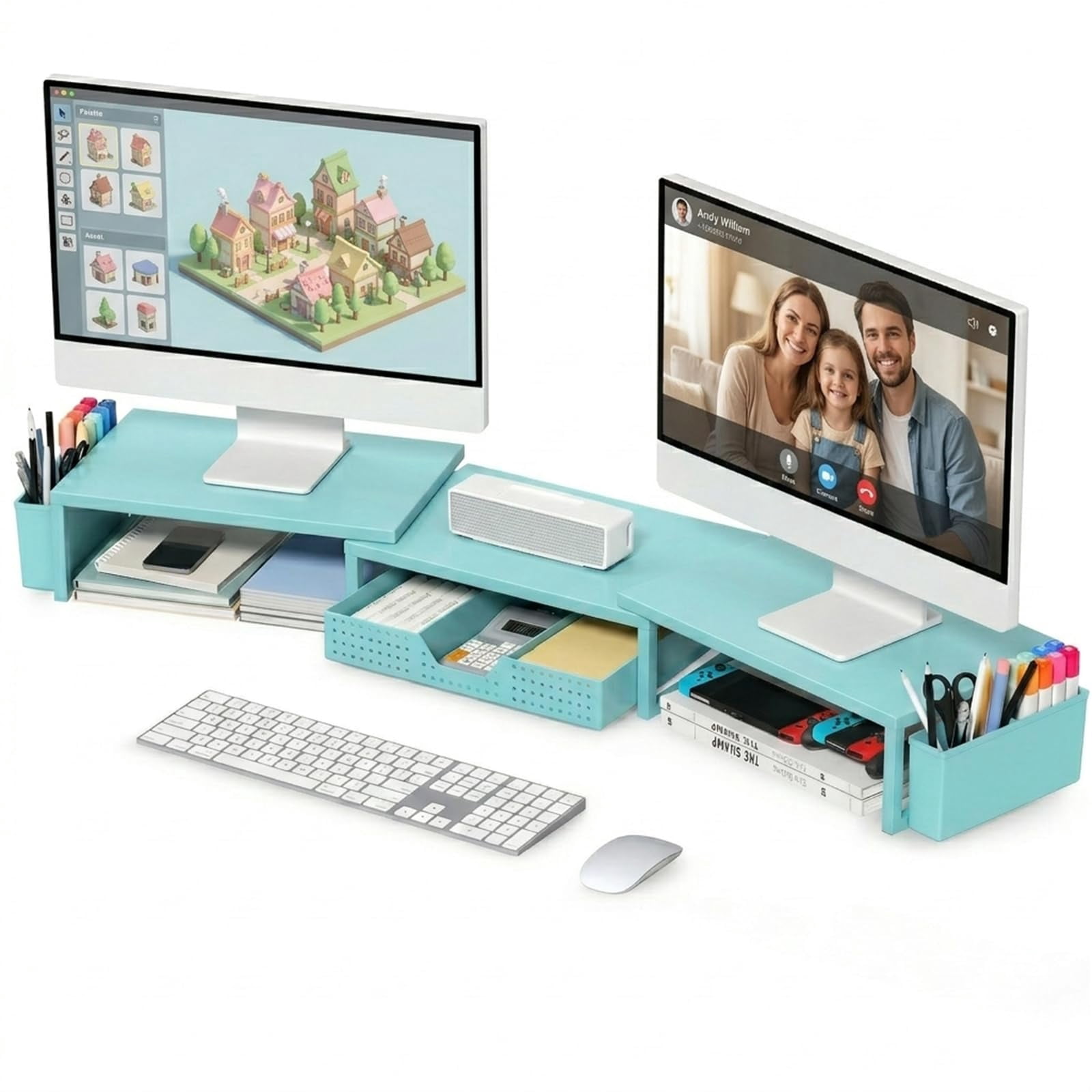 Desk Organizers And Accessories  Dual Monitor Stand Riser With Drawer 2 Pen Holders Shelf Metal Computer For Office Workspace Desktop Organization (blue Metal)