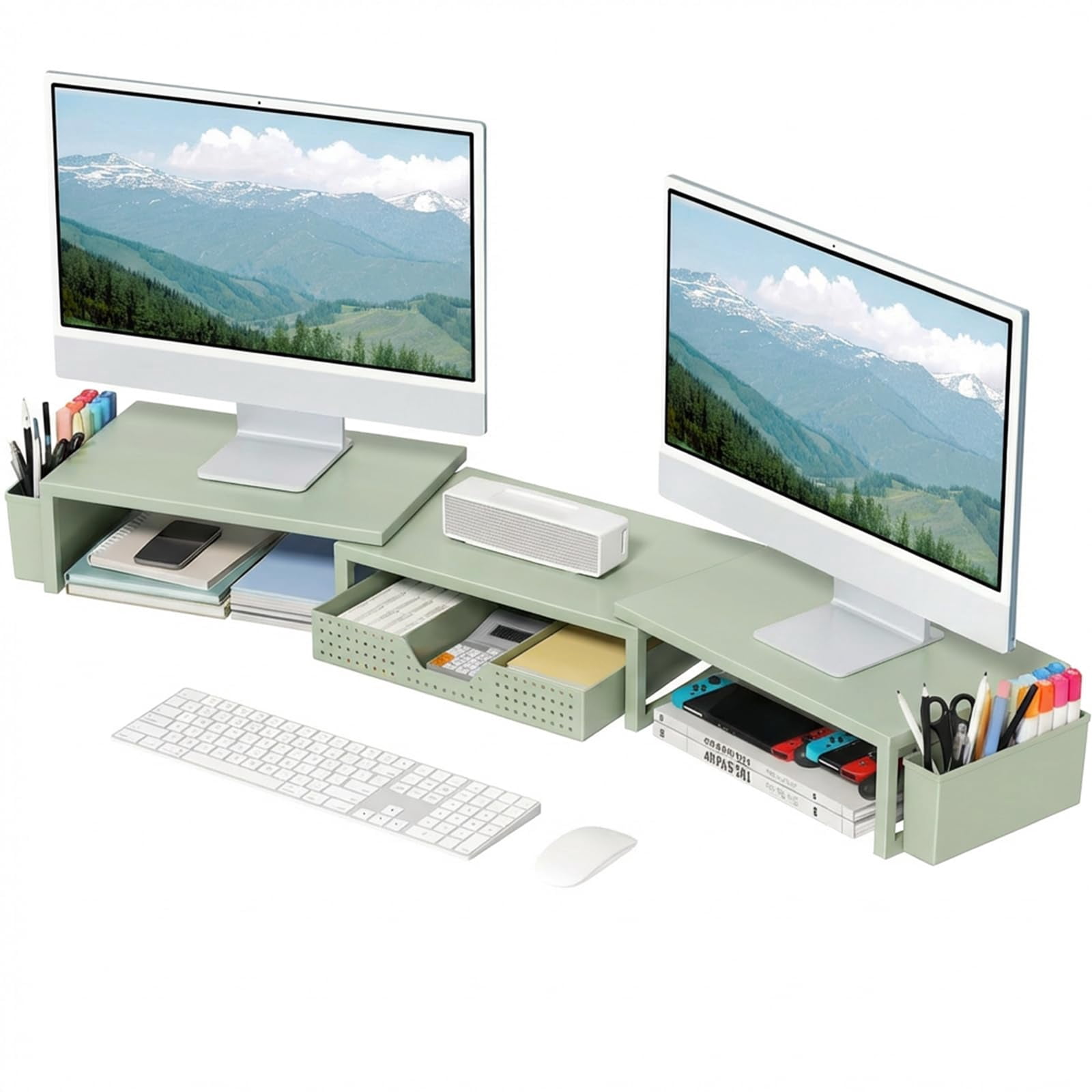 Desk Organizers And Accessories  Dual Monitor Stand Riser With Drawer 2 Pen Holders Shelf Metal Computer For Office Workspace Desktop Organization (green Metal)