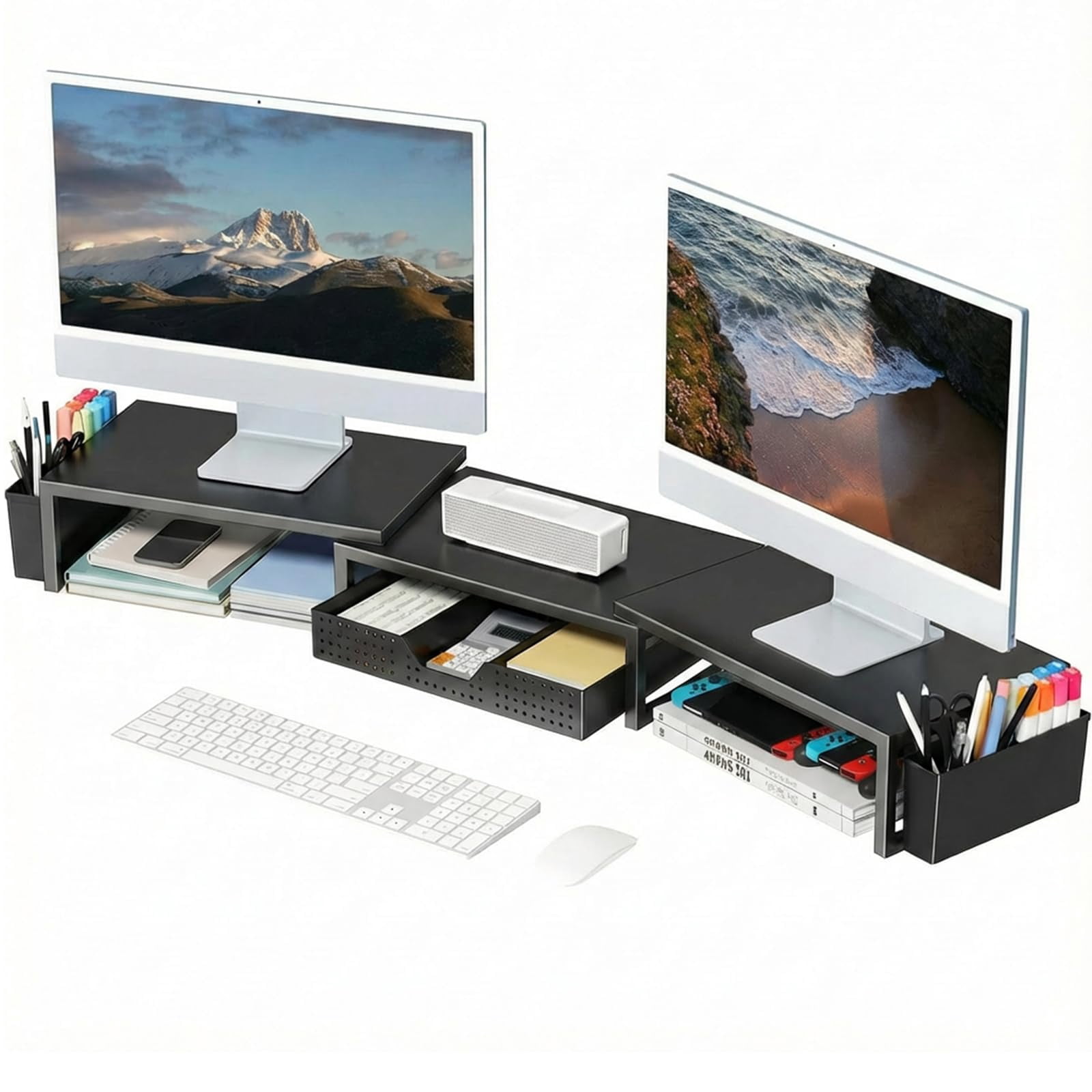 Desk Organizers And Accessories  Dual Monitor Stand Riser With Drawer 2 Pen Holders Shelf Metal Computer Racks For Office Workspace Desktop Organization (black Metal)