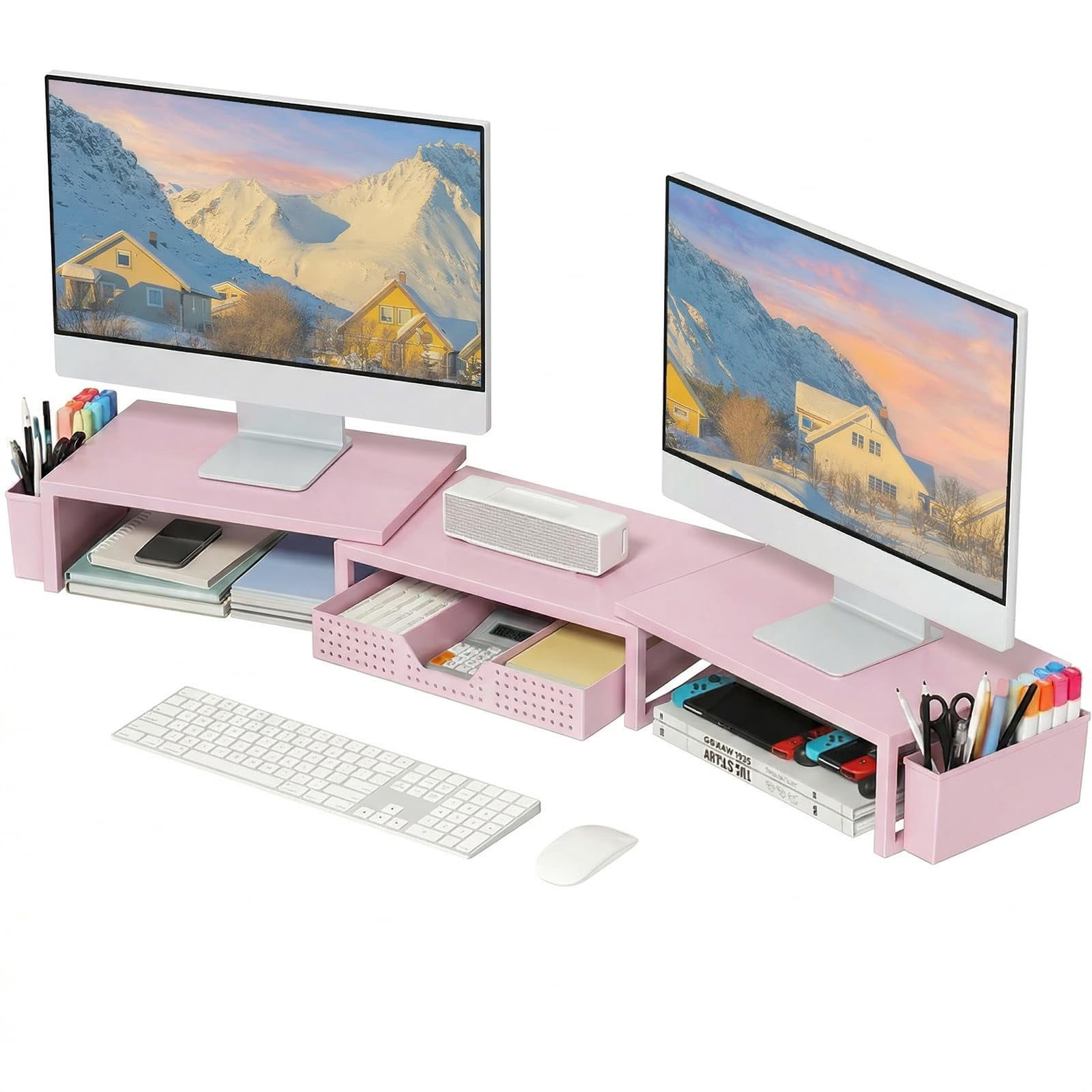 Desk Organizers And Accessories  Dual Monitor Stand Riser With Drawer 2 Pen Holders Shelf Metal Computer Racks For Office Workspace Desktop Organization (pink Metal)