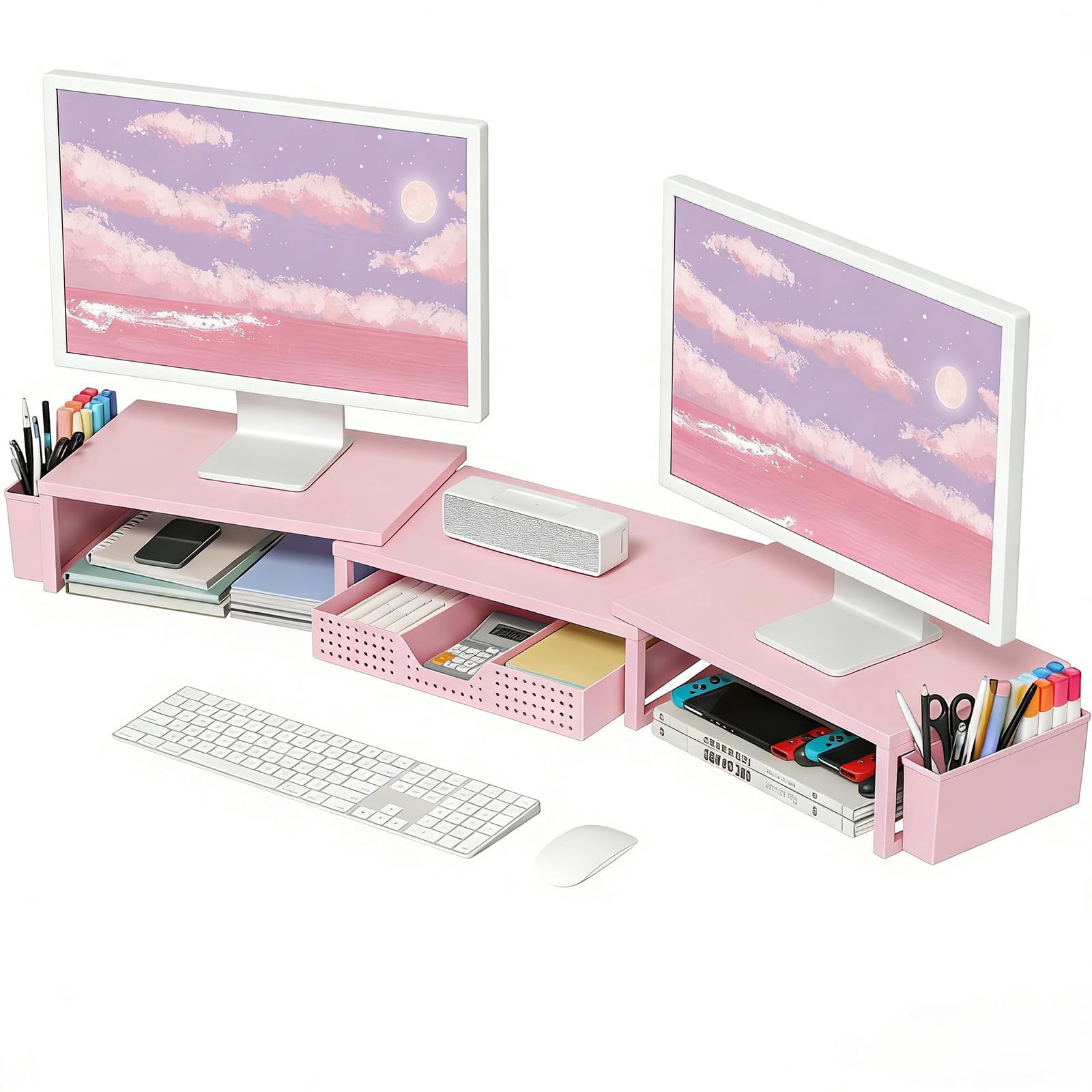 Desk Organizers And Accessories  Dual Monitor Stand Riser With Drawer 2 Pen Holders Shelf Wood Computer Racks For Office Workspace Desktop Organization (pink Wood)