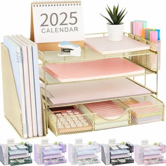 Desk Organizers and Accessories with File Holder, 4-Tier Desk Accessories & Workspace Organizers with Drawer and 2 Pen Holder, Paper Organizer for Office Supplies(Gold)