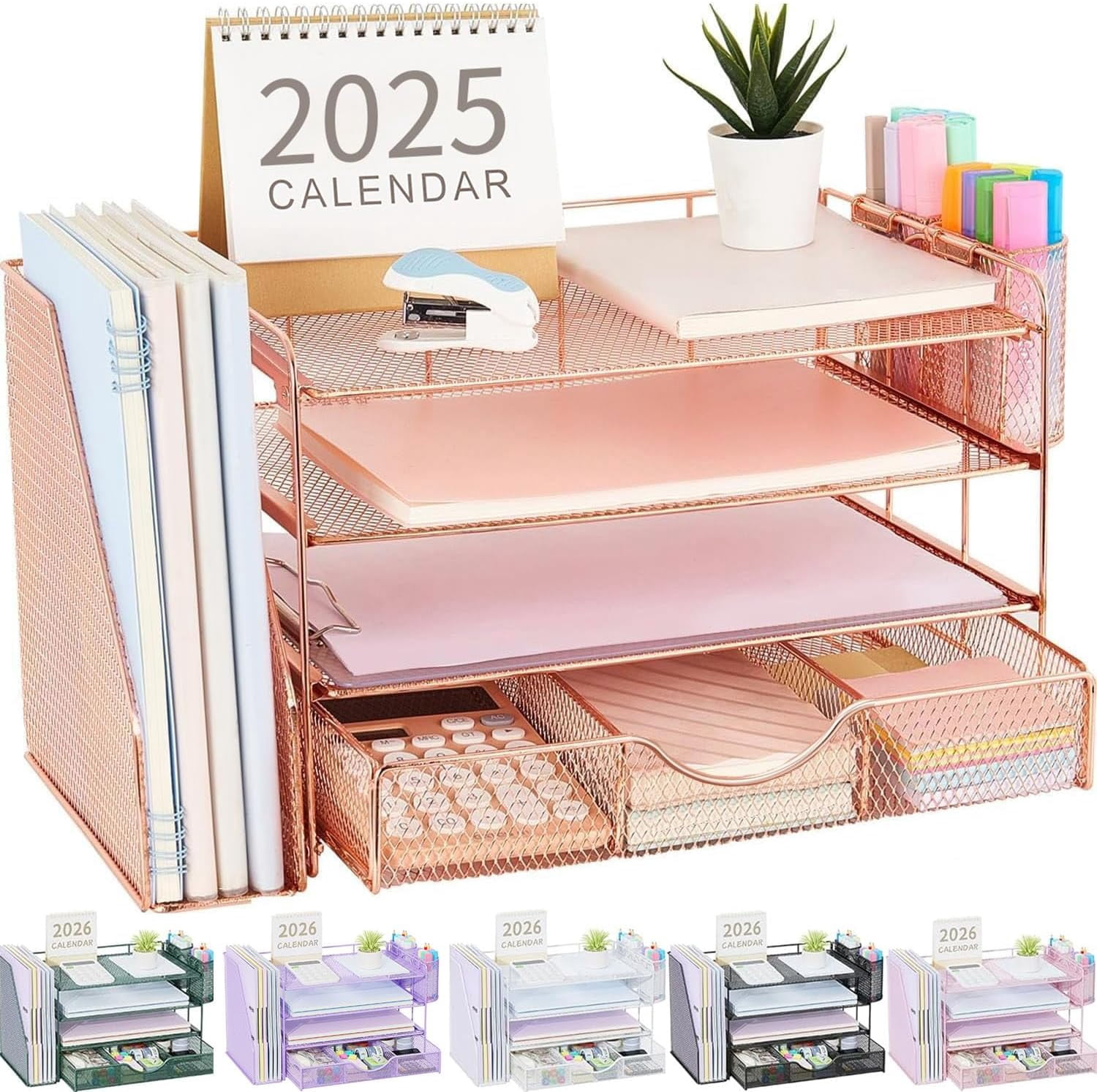Desk Organizers and Accessories with File Holder, 4-Tier Desk Accessories & Workspace Organizers with Drawer and 2 Pen Holder, Paper Organizer for Office Supplies (Purple)