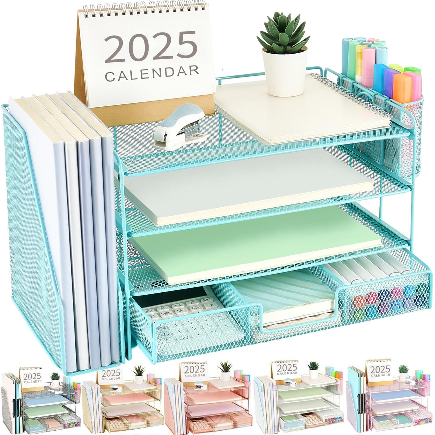 Desk Organizers and Accessories with File Holder, 4-Tier Desk Accessories & Workspace Organizers with Drawer and 2 Pen Holder, Paper Organizer for Office Supplies