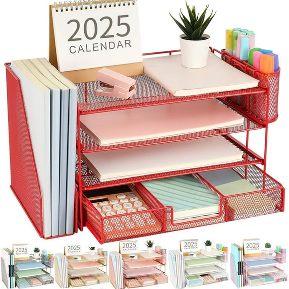 Paper Letter Tray Organizer with File Holder, 4-Tier Desk Accessories & Workspace Organizers with Drawer and 2 Pen Holder, Desk Organizers and Accessories for Office Supplies (Red)