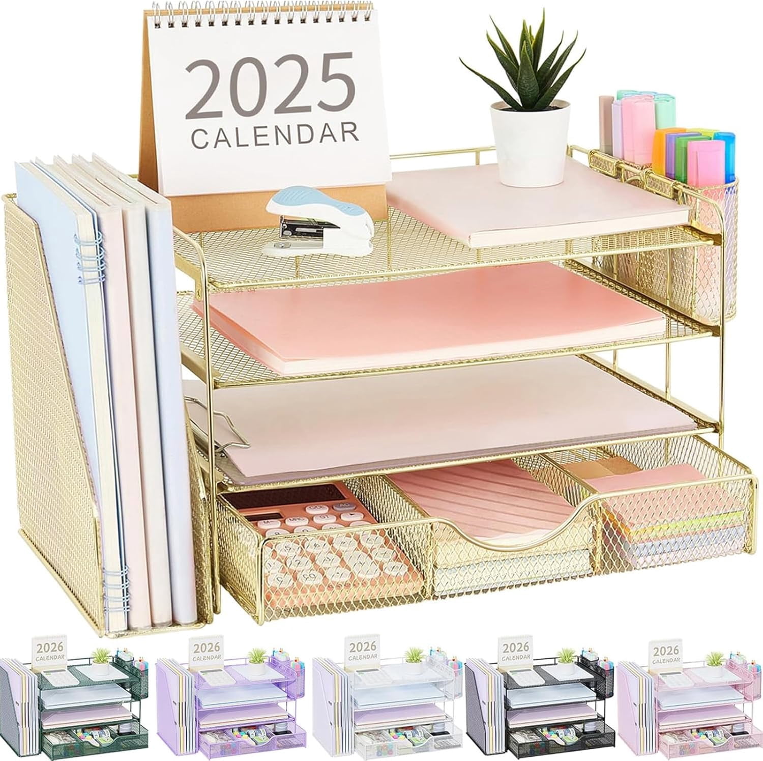 Desk Organizers and Accessories with File Holder, 4-Tier Desk Accessories & Workspace Organizers with Drawer and 2 Pen Holders, Paper Organizer for Office Supplies (Gold), gianotter