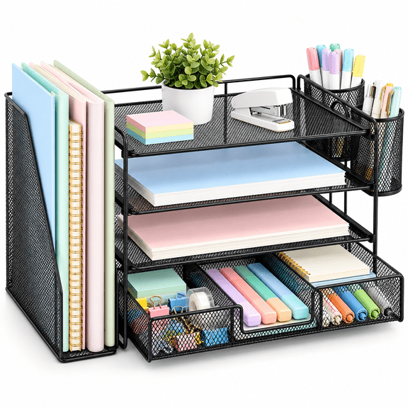 Himonut Desk Organizer with Drawer, 4-Tier Paper Organizer for Desk, File Holder & 2 Pen Holders, Black