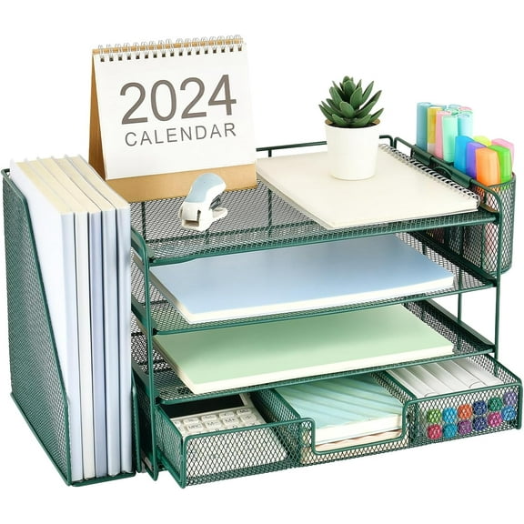 4-Tier Desk Organizer with Drawers, File Holders, Letter Trays and Pen Holders - Workspace Accessories for Office Supplies (Green)