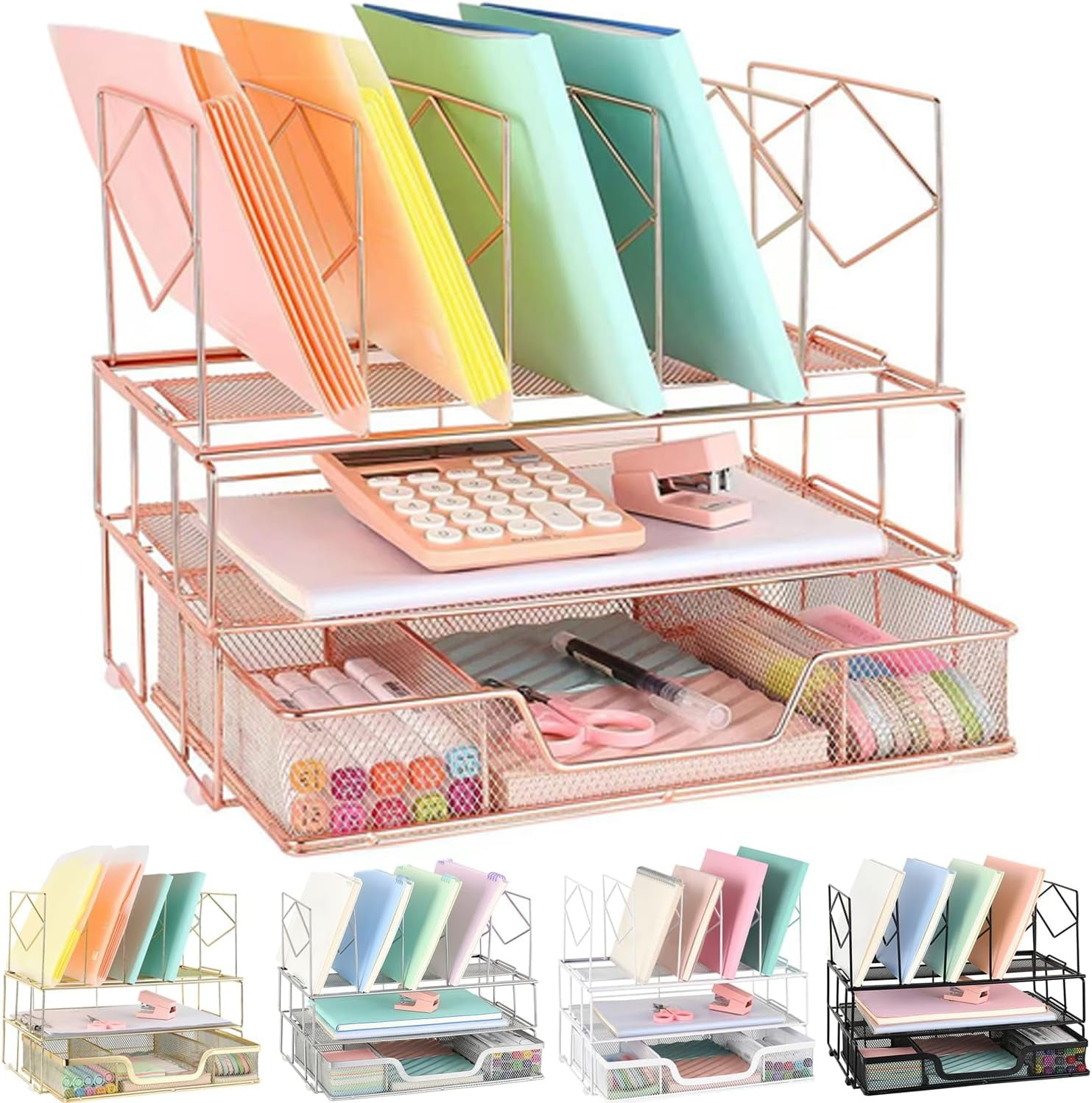 Rose Gold Steel Desk Organizer with File Sorters and Drawer