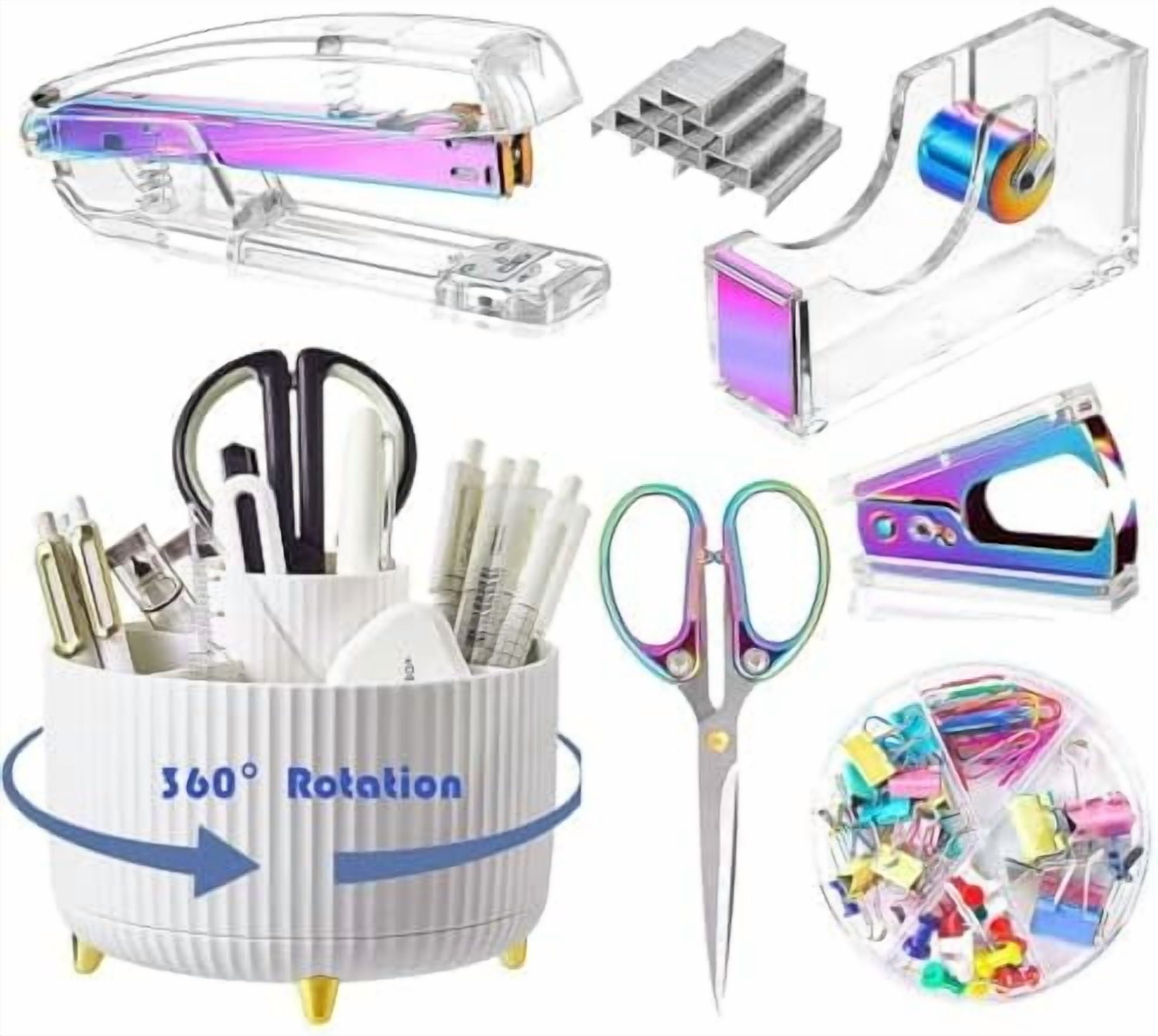 Desk Organizers and Accessories Set with 360-Degree Rotating Pen Holder, Acrylic Stapler, Tape Holder, Staple Remover, Binder/Paper Clips Kit, Scissor and 1 Box of Staples
