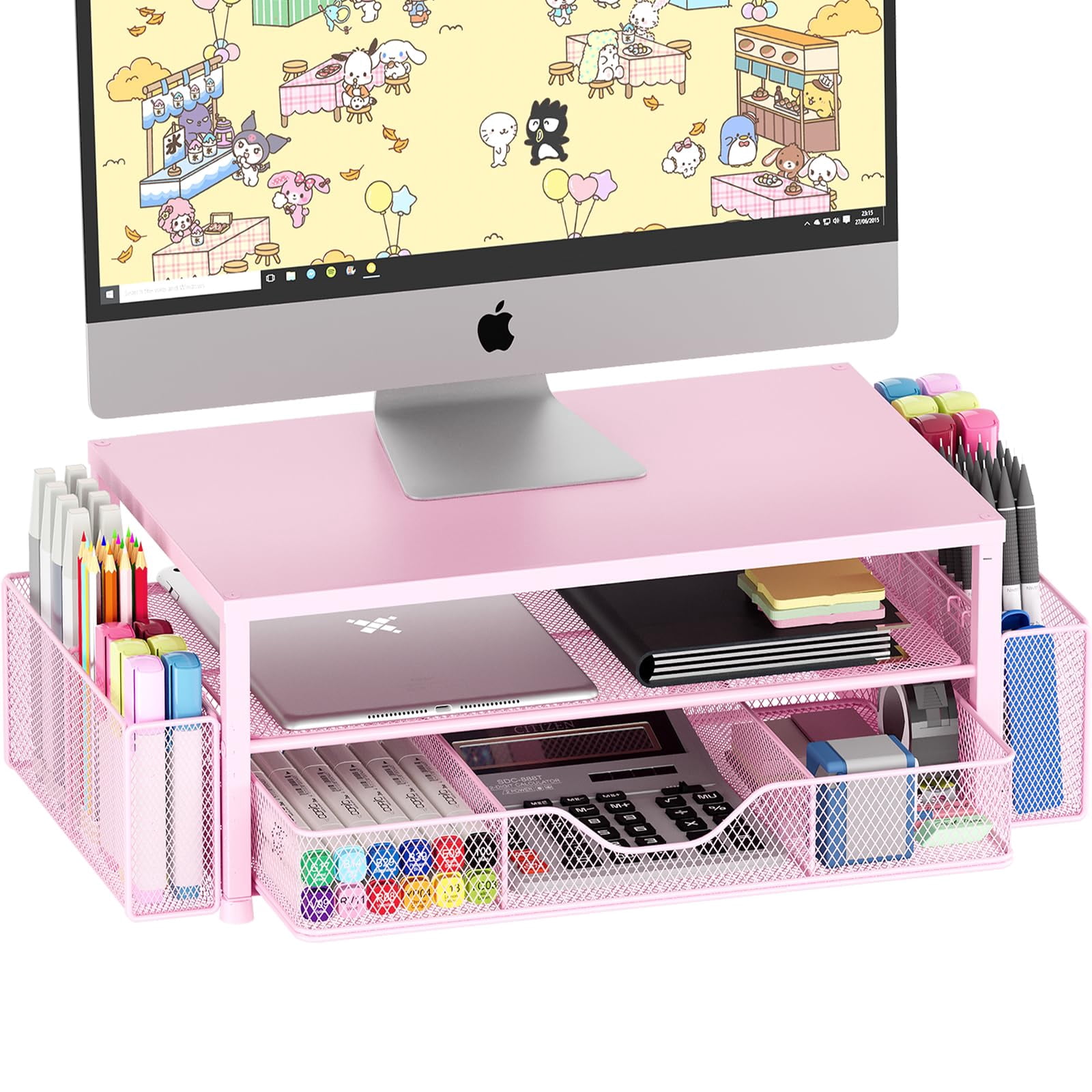 Desk Organizers And Accessories  2-tier Computer Monitor Stand Riser With Drawer 2 Pen Holders Laptop Office & Decor For Women Pink