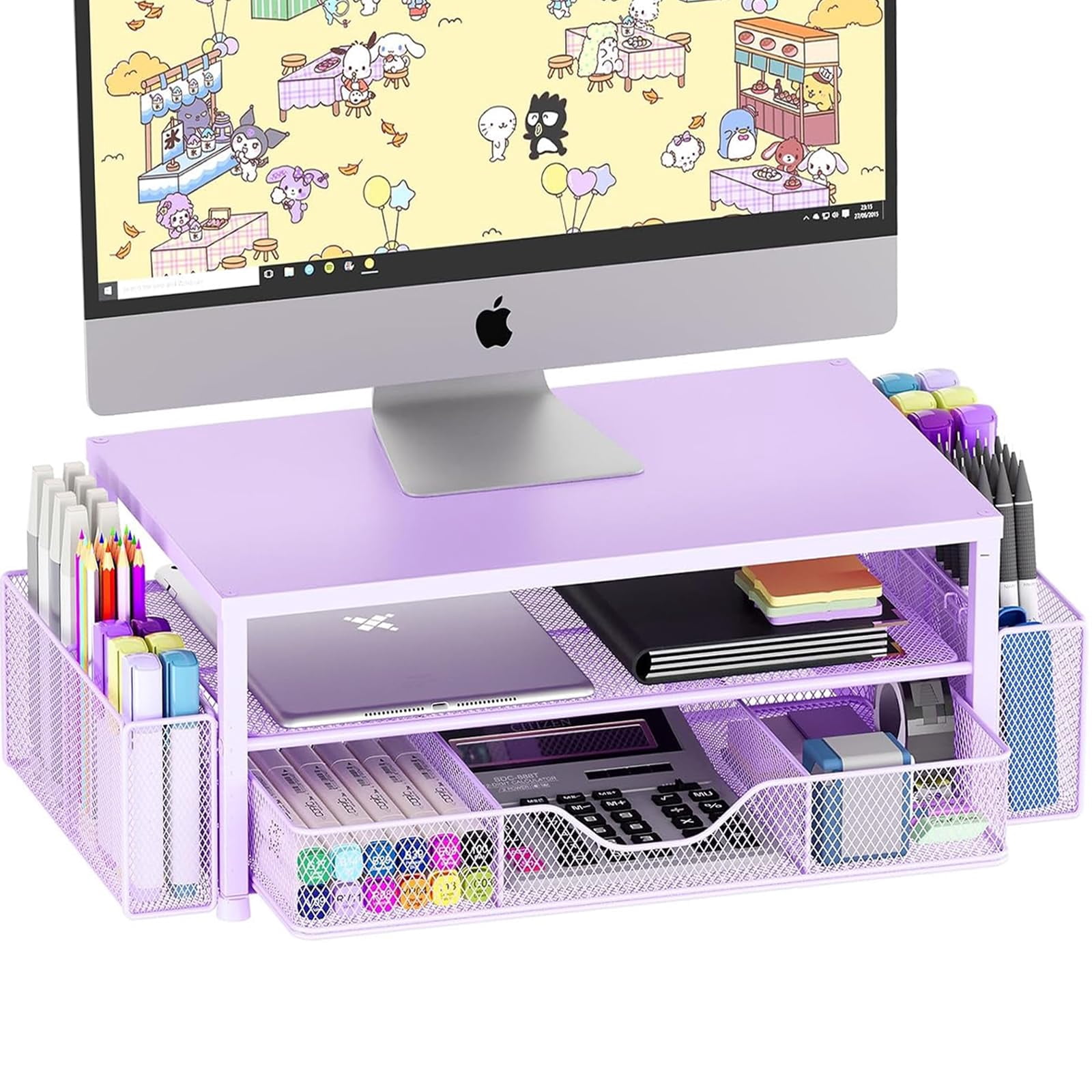 Desk Organizers And Accessories  2-tier Computer Monitor Stand Riser With Drawer 2 Pen Holders Laptop Office & Decor For Women Purple