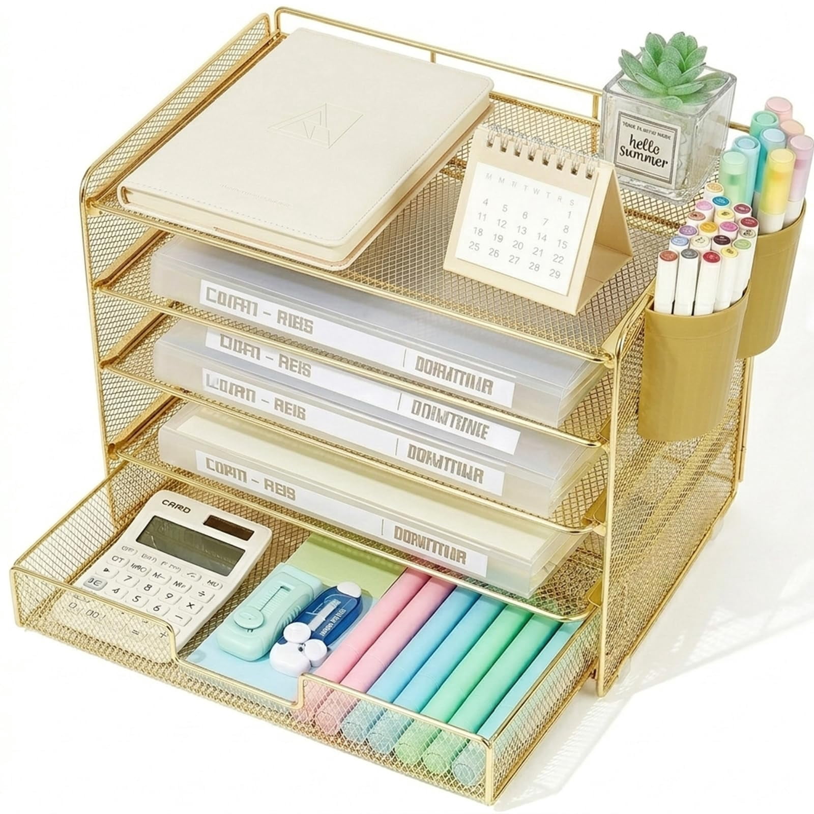 Desk Organizers And Accessories  5-tier Paper Letter Tray Organizer With Drawer & 2 Pen Holders Desktop For Office Supplies (gold)