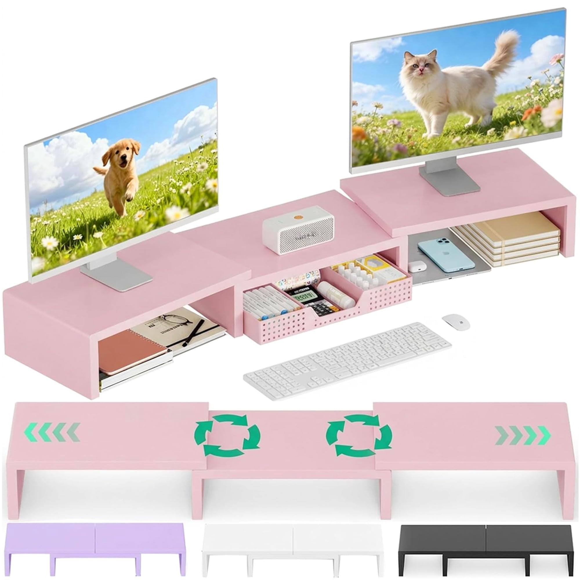 Desk Organizers And Accessories  Dual Computer Monitor Stand Riser With Drawer Office Decor For Women & Workspace Pink