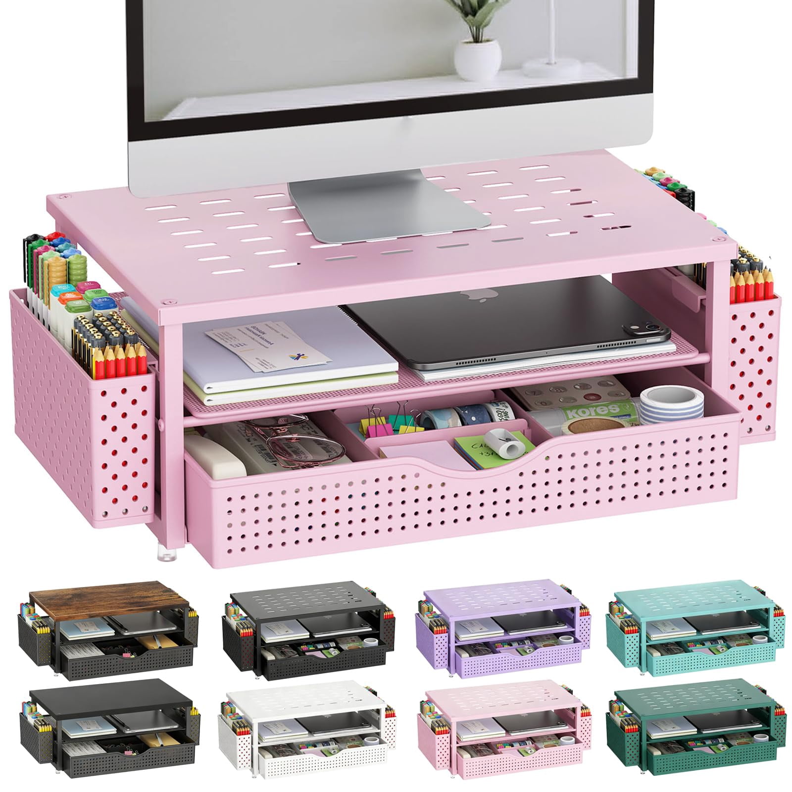 Desk Organizers And Accessories  Monitor Stand With Drawer 2 Pen Holder Desktop Organizer Suitable For Offices Dormitories (pink)