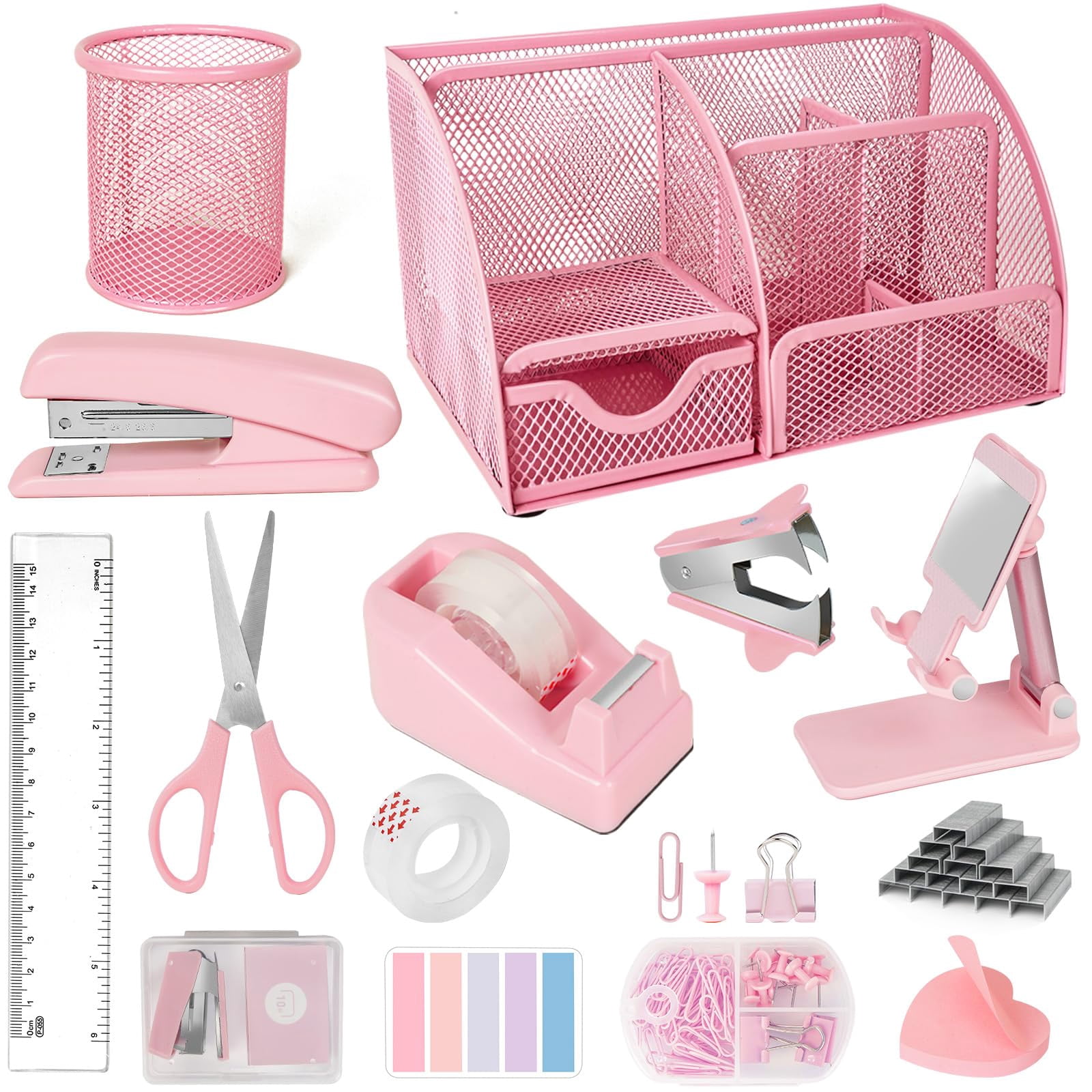 Desk Organizers And Accessories  Office Supplies 15ps Set With Stapler Staple Remover Pen Holder Clips Tape Dispenser Phone 1000 Staples Ruler (pink)