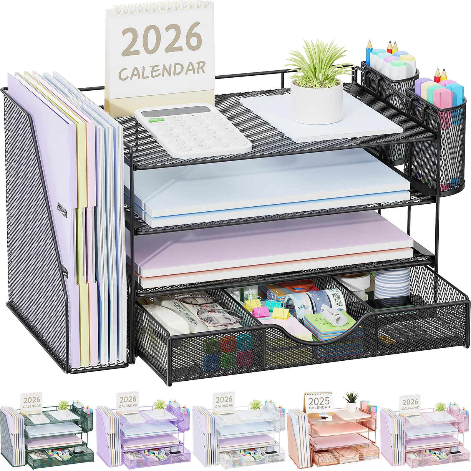 Desk Organizers And Accessories With File Holder  4-tier & Workspace Drawer 2 Pen Paper Organizer For Office Supplies (black)