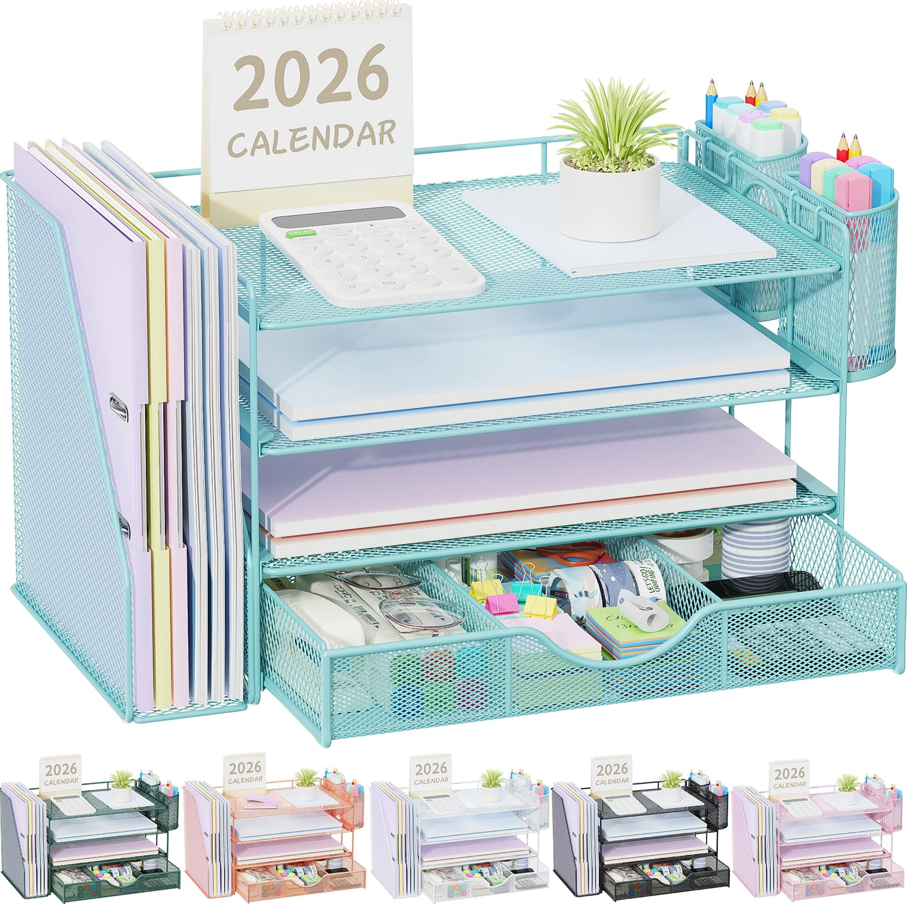 Desk Organizers And Accessories With File Holder  4-tier & Workspace Drawer 2 Pen Paper Organizer For Office Supplies (blue)