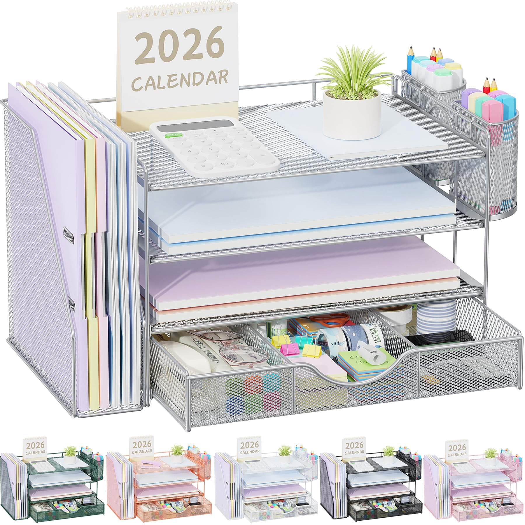 Desk Organizers And Accessories With File Holder  4-tier & Workspace Drawer 2 Pen Paper Organizer For Office Supplies (grey)