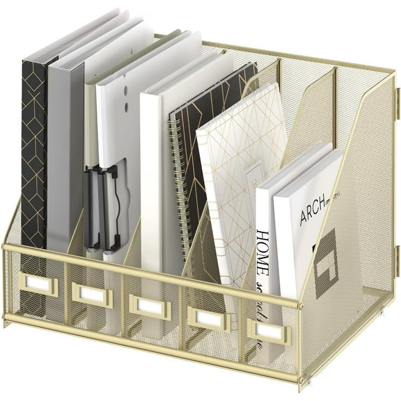 Desk Organizers Metal Desk Magazine File Holder with 5 Vertical Compartments Rack File Organizer for Office Desktop, Home Workspace, Pink