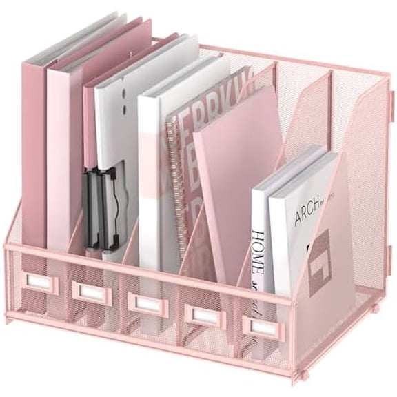 Desk Organizers Metal Desk Magazine File Holder with 5 Vertical Compartments Rack File Organizer for Office Desktop, Home Workspace, Pink