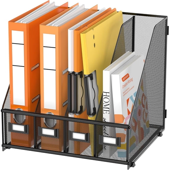 Desk Organizers Metal Magazine File Holder with 4 Vertical Compartments Folder Storage Binder Organizer for Office Home School Organization, Black